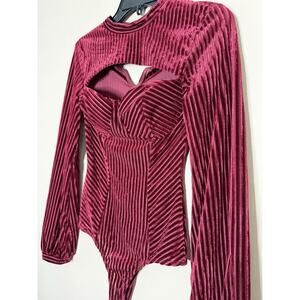 Lulus Ready To Go Out Wine Red Velvet Stripe Long Sleeve Padded Bodysuit Size XS